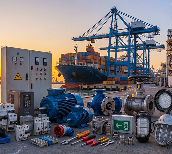 Industrial and electrical supplies staged for dispatch
